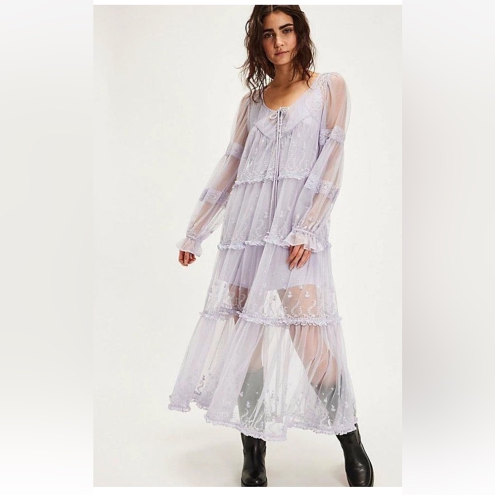 Free People Stevie Maxi Dress Embroidered Sheer Mesh Ruffle Lined Lavender
